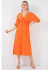 2570 Beli Büzgülü V Yaka Elbise - Turuncu