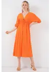 2570 Beli Büzgülü V Yaka Elbise - Turuncu