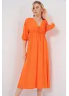 2570 Beli Büzgülü V Yaka Elbise - Turuncu