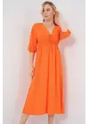2570 Beli Büzgülü V Yaka Elbise - Turuncu