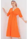 2570 Beli Büzgülü V Yaka Elbise - Turuncu