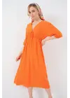 2570 Beli Büzgülü V Yaka Elbise - Turuncu