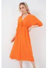 2570 Beli Büzgülü V Yaka Elbise - Turuncu