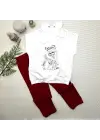 Şık Kapşonlu Sevimli Baskılı Kısa Kollu Çocuk Takımı Kırmızı