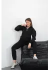 3 iplik içi Şardonlu yarım fermuarlı alt üst takım siyah