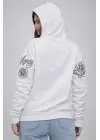 3 İplik Pamuklu Kapüşonlu Baskılı SweatShirt Hoodie - Beyaz