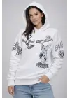 3 İplik Pamuklu Kapüşonlu Baskılı SweatShirt Hoodie - Beyaz