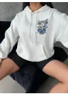 Omarı Şardonlu Oversize Kafa Baskılı Sweat Beyaz