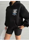 3 iplik şardonlu oversize kafa baskılı sweat siyah