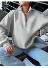 3 iplik Şardonlu yarım fermuarlı sweatshirt gri