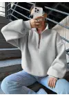 3 iplik Şardonlu yarım fermuarlı sweatshirt gri