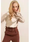 3964 Hafif Dökümlü Saten Gömlek - Bej