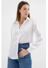 3964 Hafif Dökümlü Saten Gömlek - Beyaz