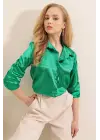 3964 Hafif Dökümlü Saten Gömlek - D.Yeşil