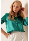 3964 Hafif Dökümlü Saten Gömlek - Koyu Yeşill