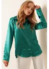 3964 Hafif Dökümlü Saten Gömlek - Koyu Yeşill