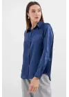 3964 Hafif Dökümlü Saten Gömlek - Lacivert