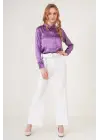 3964 Hafif Dökümlü Saten Gömlek - Mor