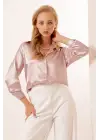 3964 Hafif Dökümlü Saten Gömlek - Pudra