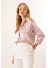 3964 Hafif Dökümlü Saten Gömlek - Pudra