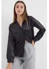3964 Hafif Dökümlü Saten Gömlek - Siyah