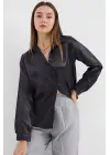 3964 Hafif Dökümlü Saten Gömlek - Siyah