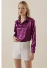 3964 Hafif Dökümlü Saten Gömlek - Y. Mor