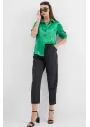 3964 Hafif Dökümlü Saten Gömlek - Yeşil