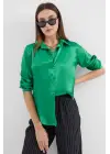 3964 Hafif Dökümlü Saten Gömlek - Yeşil