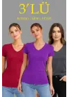 3lü V Yaka Tişört – Kısa Kollu Yazlık Slim Fit Body - Bordo, Mor, Füme