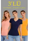 3lü V Yaka Tişört – Kısa Kollu Yazlık Slim Fit Body - Toz Pembe, Lacivert, Hardal