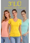3lü V Yaka Tişört – Kısa Kollu Yazlık Slim Fit Body - Toz Pembe, Sarı, Turkuvaz