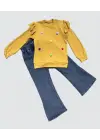 4-5-6 Yaş Kot Pantolonlu Flamingo Desenli Penye Sweat Uzun Kollu 2li Kız Çocuk Takımı Hardal