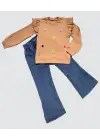 4-5-6 Yaş Kot Pantolonlu Flamingo Desenli Penye Sweat Uzun Kollu 2li Kız Çocuk Takımı Kahverengi