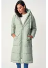 5120 Kapşonlu Uzun Şişme Mont - Mint