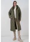 5177 Kapüşonlu Uzun Kapitone Mont - Haki