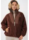 5194 Peluş Mont Ceket - Kahverengi
