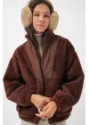 5194 Peluş Mont Ceket - Kahverengi
