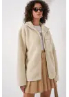 55446 Fermuarlı Oversize Peluş Ceket - Krem