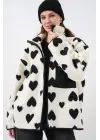 55446 Fermuarlı Oversize Peluş Ceket Mont - A.Beyaz
