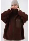 55446 Fermuarlı Oversize Peluş Ceket Mont - Kahverengi