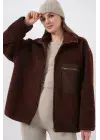 55446 Fermuarlı Oversize Peluş Ceket Mont - Kahverengi