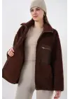 55446 Fermuarlı Oversize Peluş Ceket Mont - Kahverengi