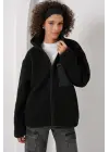55446 Fermuarlı Oversize Peluş Ceket Mont - Siyah