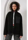 55446 Fermuarlı Oversize Peluş Ceket Mont - Siyah