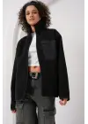 55446 Fermuarlı Oversize Peluş Ceket Mont - Siyah