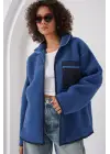55446 Fermuarlı Oversize Peluş Ceket - Saks