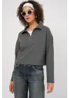 55449 Fermuarlı Yaka Örme Sweatshirt - Antrasit
