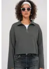 55449 Fermuarlı Yaka Örme Sweatshirt - Antrasit