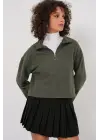 55449 Fermuarlı Yaka Örme Sweatshirt - Haki
